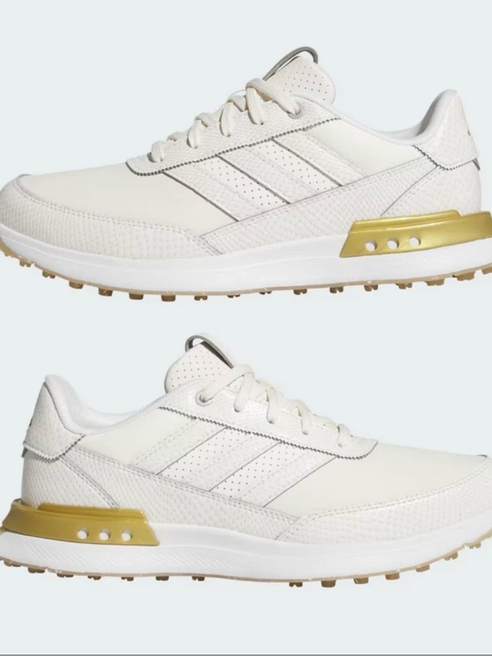 Adidas S2G 25 Leather Spikeless Golf Shoes off-white with gold metallic accents
